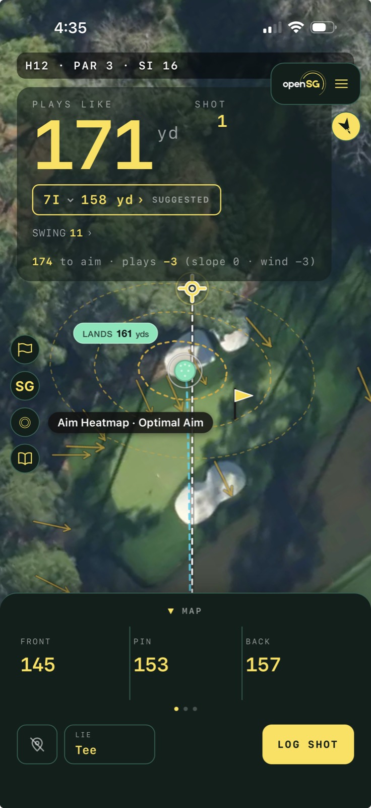 This is the cloud, drawn. The dashed ellipse is your own shot dispersion for this club and distance, wider than it is tall and tilted to match how you actually miss, centered on the optimal aim rather than the flag. You're not placing a dot at the pin; you're positioning this whole pattern.