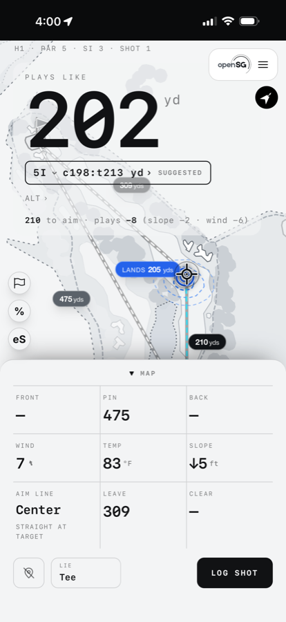 OpenSG in-round caddy — plays-like distance, suggested club, and live distances, wind and slope on a phone
